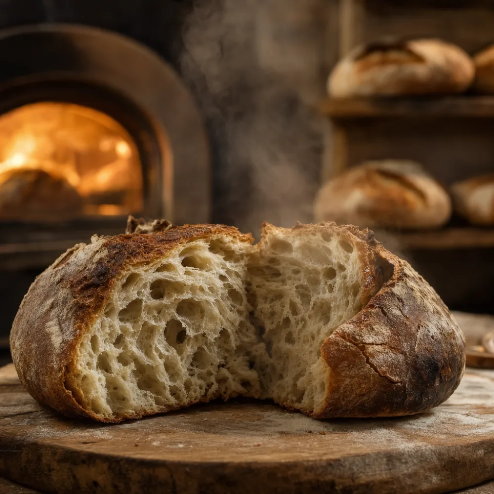 Crusty sourdough loaves and honey-wheat bread stacked on the Blue River Bakehouse bread shelf