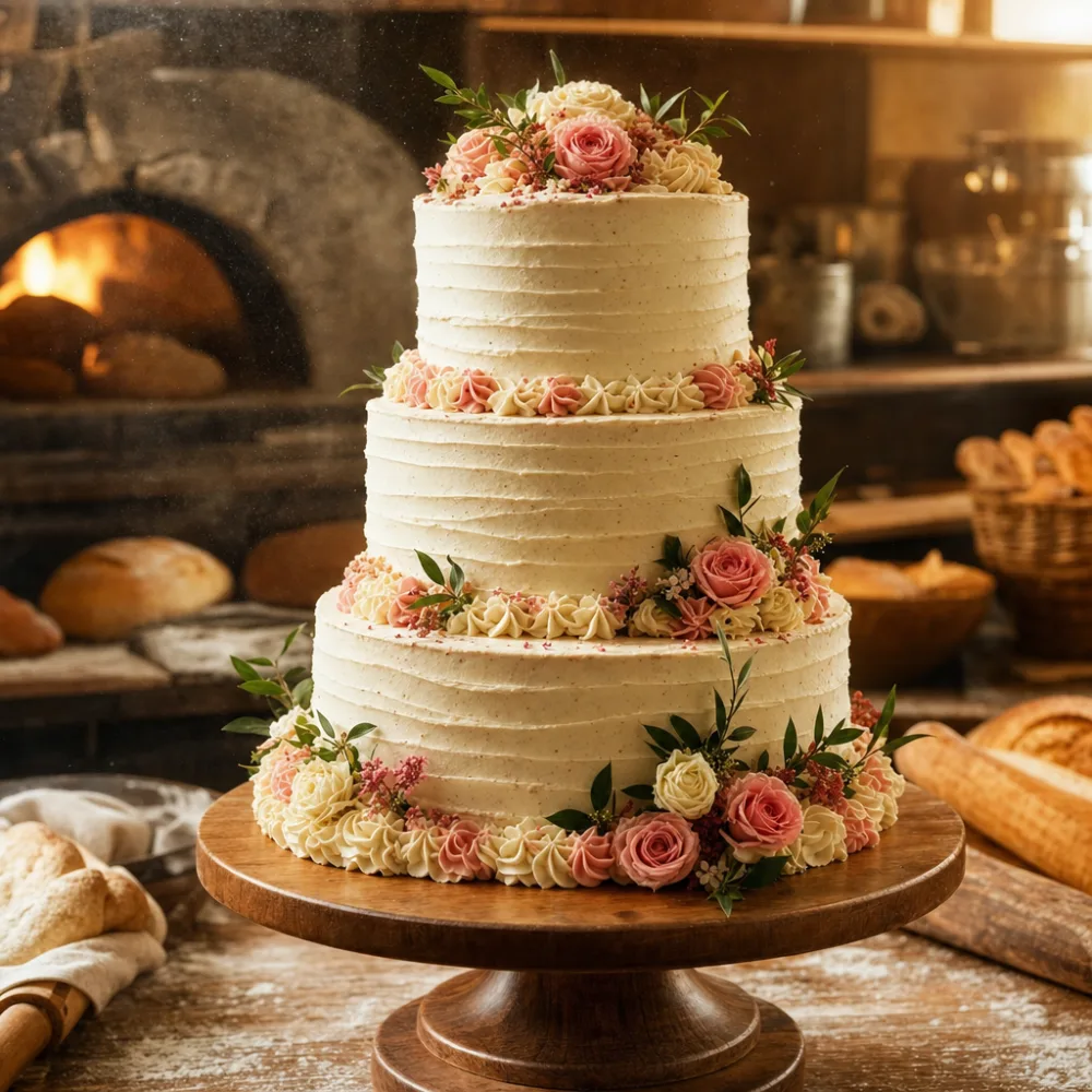 A finished custom celebration cake with buttercream piping on the Blue River Bakehouse counter