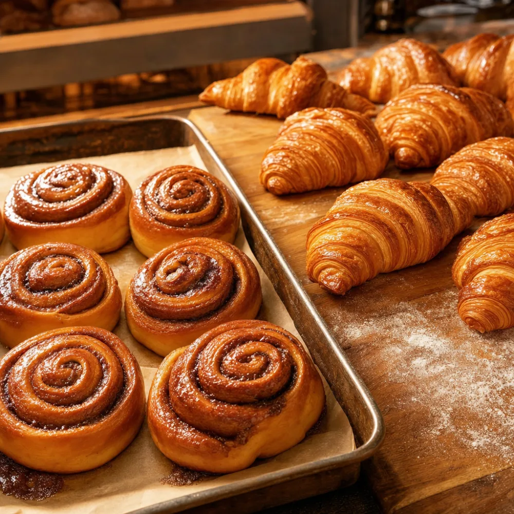 Butter croissants, cinnamon rolls, and lemon-blueberry scones in the Blue River Bakehouse morning case