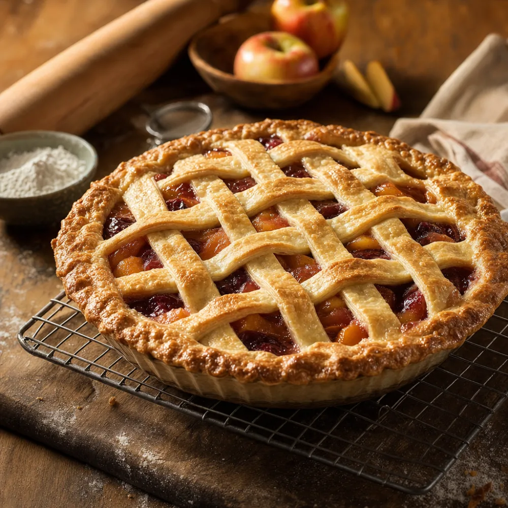 A golden lattice-top apple pie cooling on a rack at Blue River Bakehouse